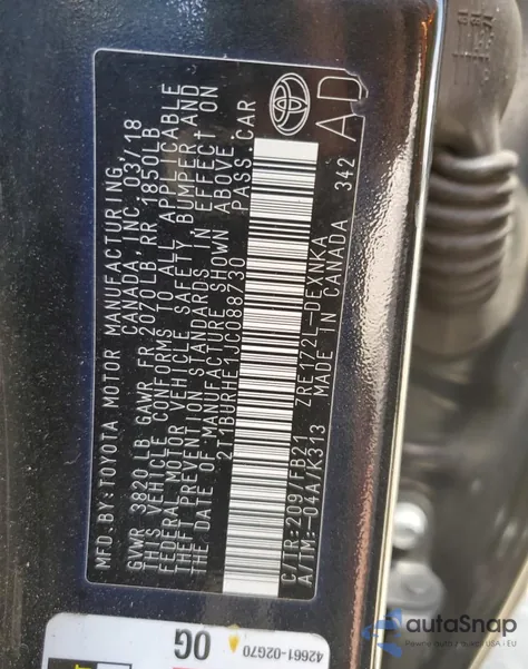 2018 Toyota Corolla L from USA, damaged, VIN 2T1BURHE1JC088730